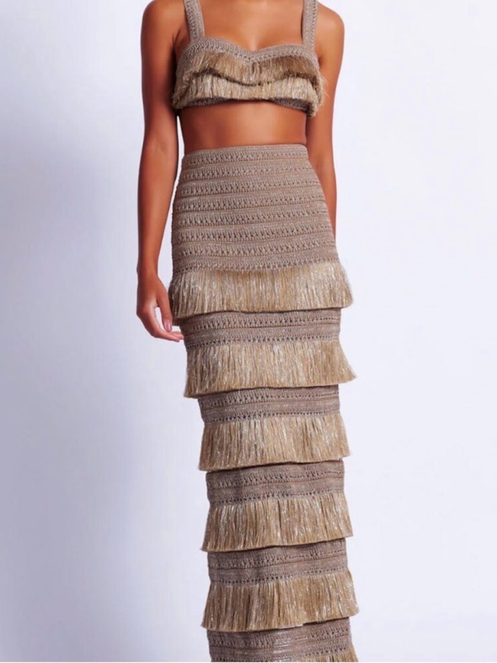 PatBO Taupe Fringe Tiered Maxi Skirt Set